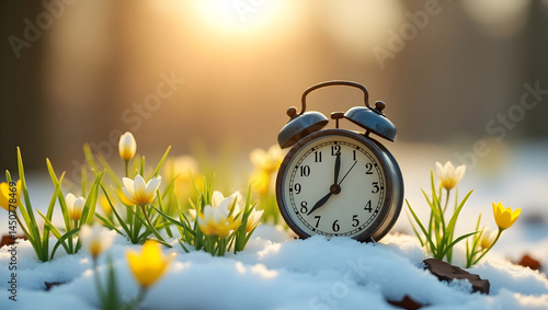 Alarm clock on green grass with yellow flowers and melting snow