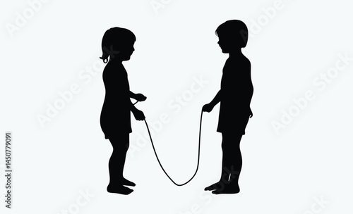 Children skipping rope silhouette, kids playing silhouette, jump rope fun scene, playful children black icon, outdoor kids activity silhouette
