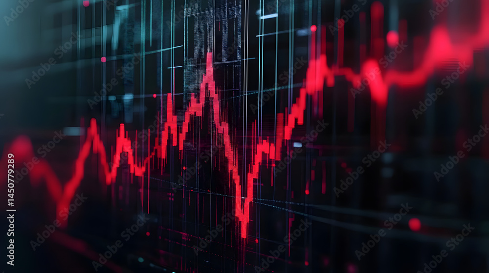 Declining financial chart with red downward arrows, economic recession theme, 3D illustration Declining financial chart with red downward arrows, economic recession theme, 3D illustration