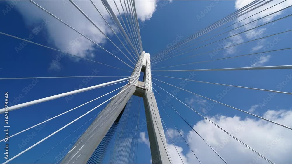 View of a cable-stayed bridge pylon and support cables extending upwards to the sky and fluffy white clouds on a sunny day View of a cable-stayed bridge pylon and support cables extending upwards to the sky and fluffy white clouds on a sunny day