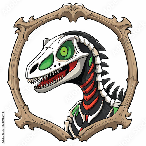 A terrifying skeletal velociraptor, glowing red eyes, trapped within a dark, jagged rock fissure.  Detailed anatomical accuracy.