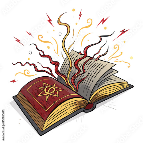 An ancient spellbook dramatically opens, revealing glowing runes; swirling energy lines emanate from its pages, illuminating the surrounding darkness.