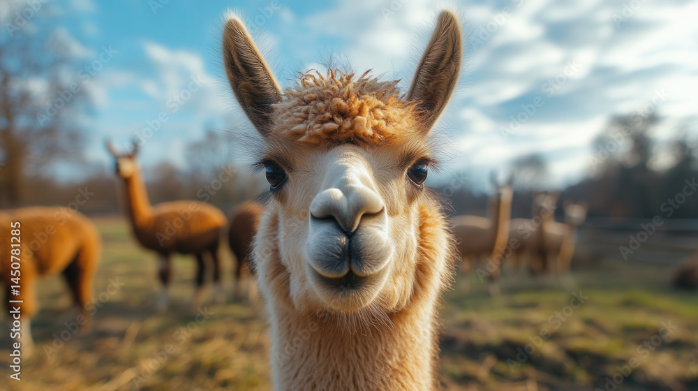 Obraz premium Close-up of llamas on a farm under a clear sky showcasing their playful and friendly nature
