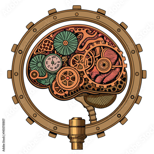 A detailed illustration of a steampunk brain; intricate gears, pipes, and valves replace its internal structures, housed within a brass casing.