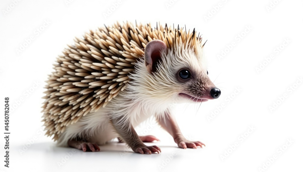 Fototapeta premium A single hedgehog, facing right, against a bright white backdrop, nature, adorable, photography