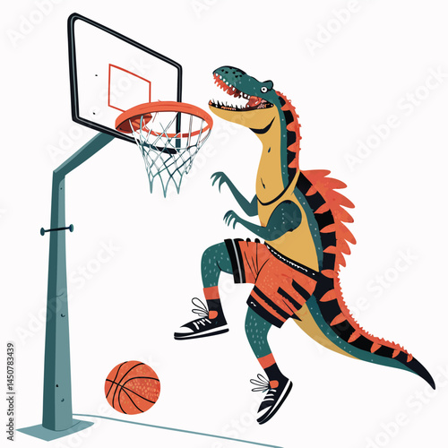 A cartoon dinosaur wearing basketball shoes performs a powerful slam dunk on a street basketball hoop.  Vibrant colors, urban setting.
