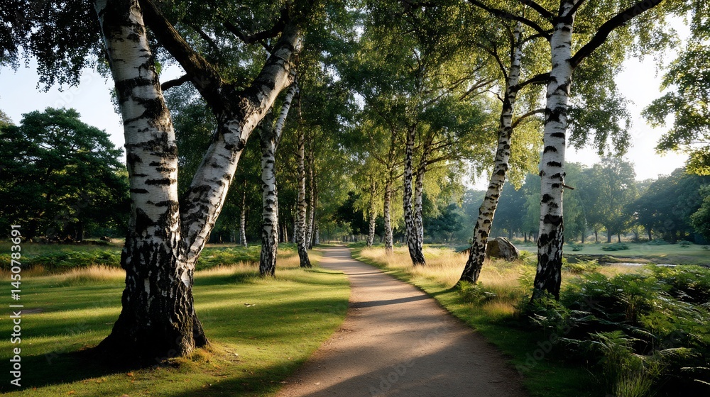 Obraz premium Sundrenched path through birch tree grove
