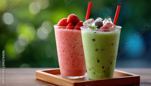 Fresh fruit smoothies on a wood board, green foliage background. Product shot
