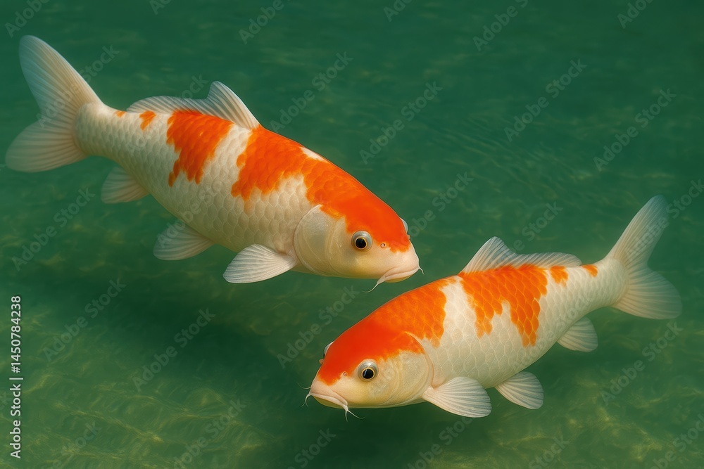 Koi fishes, carps swimming in a Japanese garden pond, closeup view