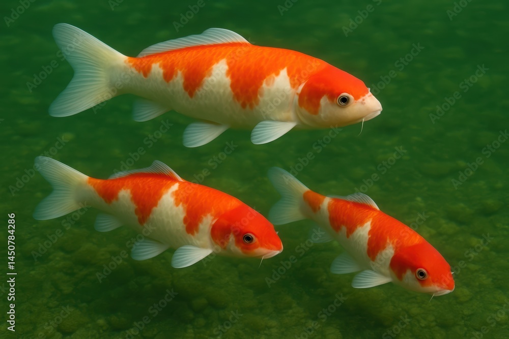 Koi fishes, carps swimming in a Japanese garden pond, closeup view