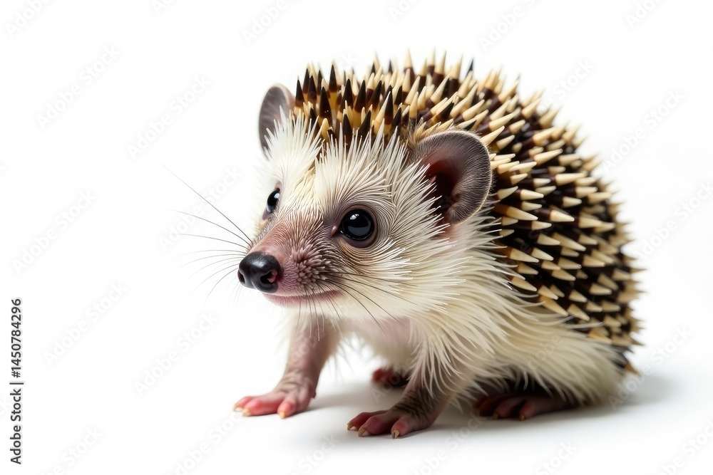 Close-up of a single hedgehog against stark white backdrop, showing detail of quills, studio, dark, animal Close-up of a single hedgehog against stark white backdrop, showing detail of quills, studio, dark, animal