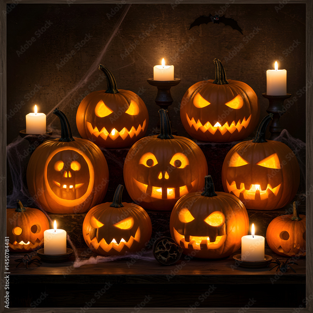 Fototapeta premium A halloween display featuring carved pumpkins and lit candles creating a spooky atmosphere indoors