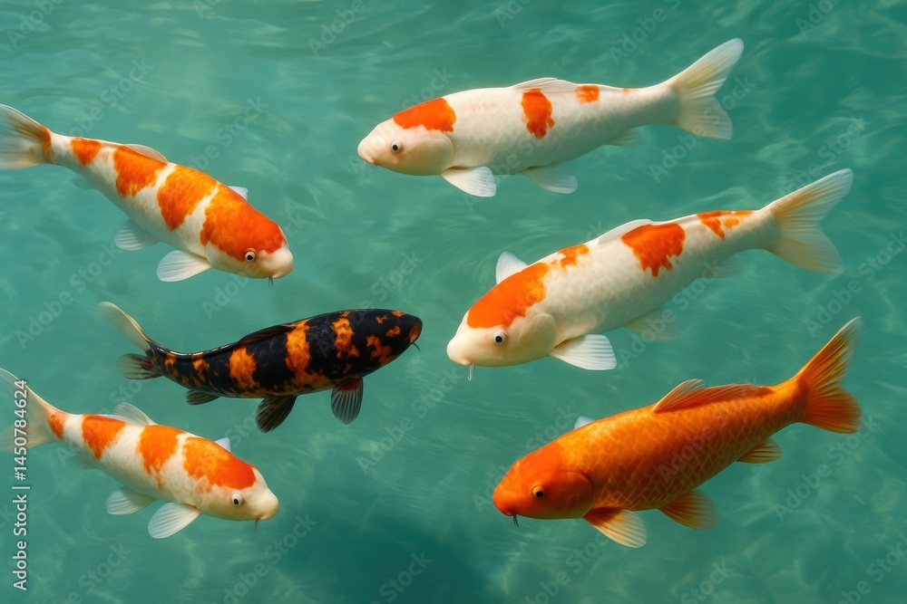Koi fishes, carps swimming in a Japanese garden pond, View from above