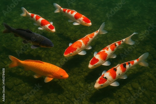 Koi fishes, carps swimming in a Japanese garden pond, View from above