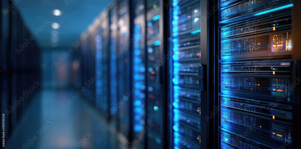Obraz premium Glowing servers in a secure data center corridor with futuristic lighting, excellent for themes of information technology, data security, and innovation