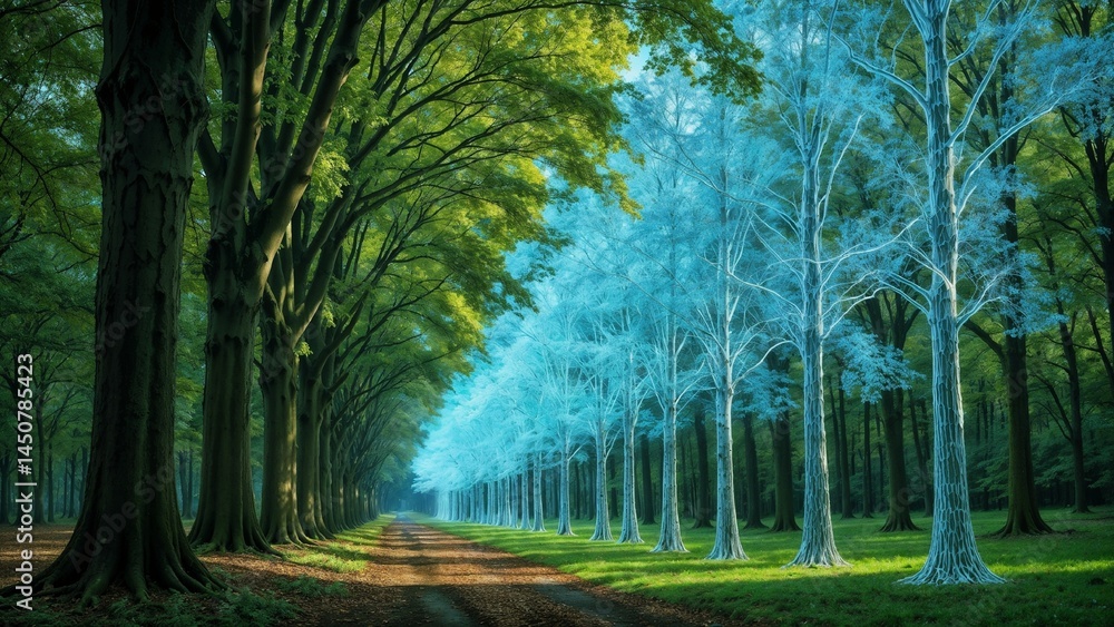 Naklejka premium Mysterious Path with Contrasting Blue and Green Trees at Dawn