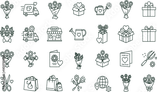 Flower bouquet service line icon set. Vector pictograms of arrangement, vase, wrap, roses, thank, wedding, birthday, sympathy, teddy, bear, chocolate,