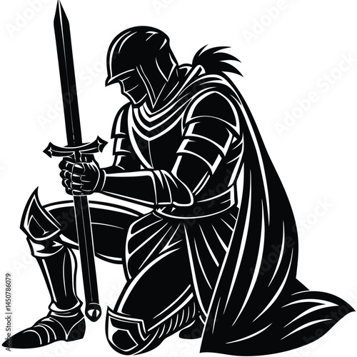 Black and White Kneeling Knight with Sword in Armor, Silhouette Illustration