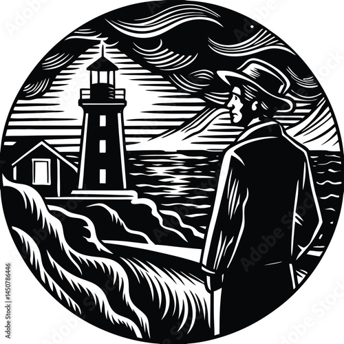 Man in Hat by Lighthouse: Woodcut Style, Coastal Scene, Black and White Art