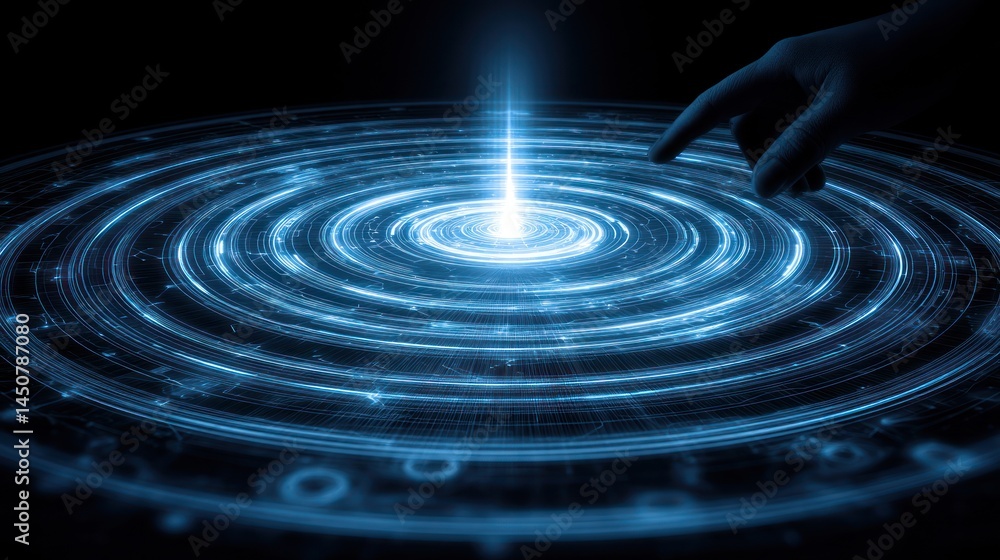 Fototapeta premium Hand interacts with swirling, luminous energy field. A glowing, blue energy vortex. Dark background