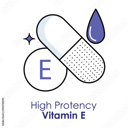 Vector icon for high potency Vitamin E. Features a capsule with a droplet and sparkle, symbolizing health and antioxidant properties.