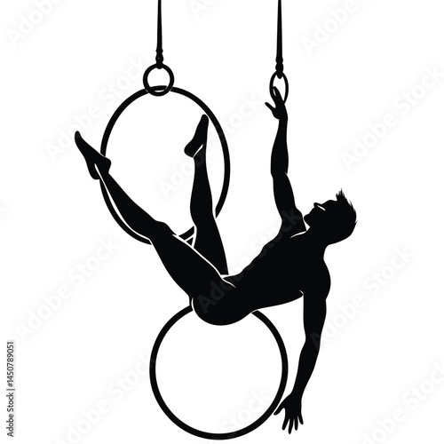 Silhouette of Aerialist Performing on Lyra Rings: Gymnastics, Fitness, Art, Black & White