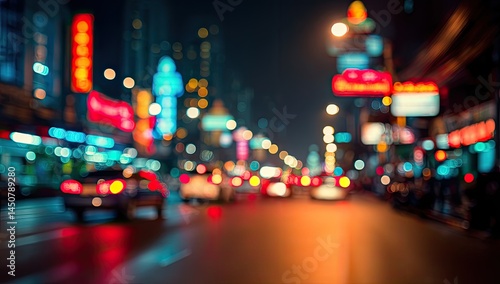 Fototapeta Naklejka Na Ścianę i Meble -  Blurry night city street scene with vibrant lights.  Vehicles and buildings are out of focus, creating an abstract effect, with a myriad of colors