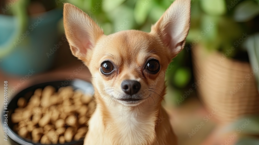 Close up of a tan chihuahua with big eyes and ears sitting near a bowl of dog food indoors Close up of a tan chihuahua with big eyes and ears sitting near a bowl of dog food indoors