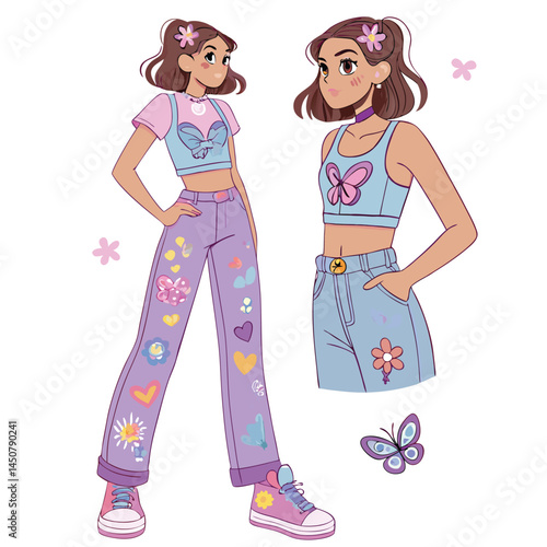 A vibrant, Y2K-inspired portrait of a young woman, wearing low-rise jeans, playfully interacting with a pat of butter.  Focus on bright colors and the era's aesthetic.