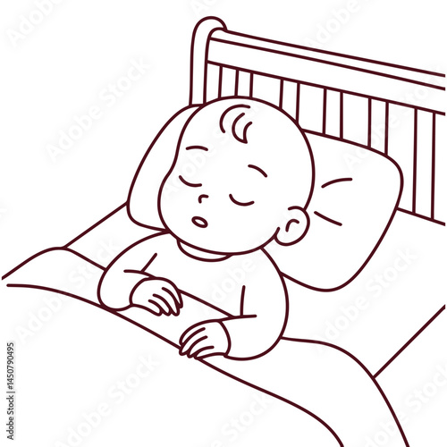 Black and white minimalist illustration of baby sleeping peacefully in crib with pillow during nighttime, conveying warmth, comfort, and protection