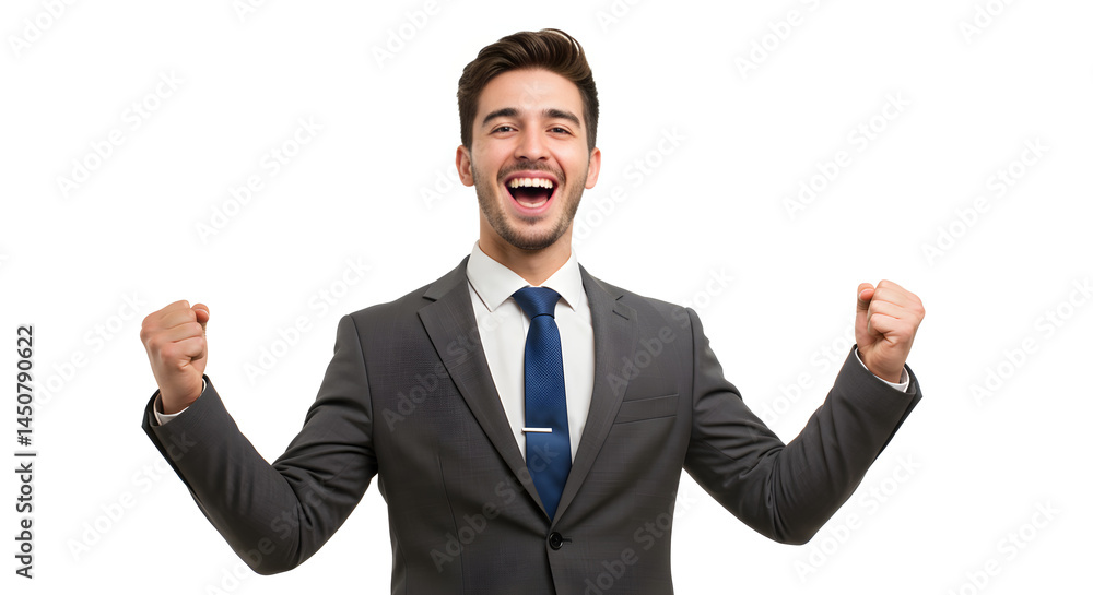 A joyful businessman in a suit celebrates with raised fists, embodying success and achievement in the business world. A joyful businessman in a suit celebrates with raised fists, embodying success and achievement in the business world.