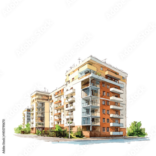 Large apartment complex with a lot of windows and balconies, watercolor illustration on white background