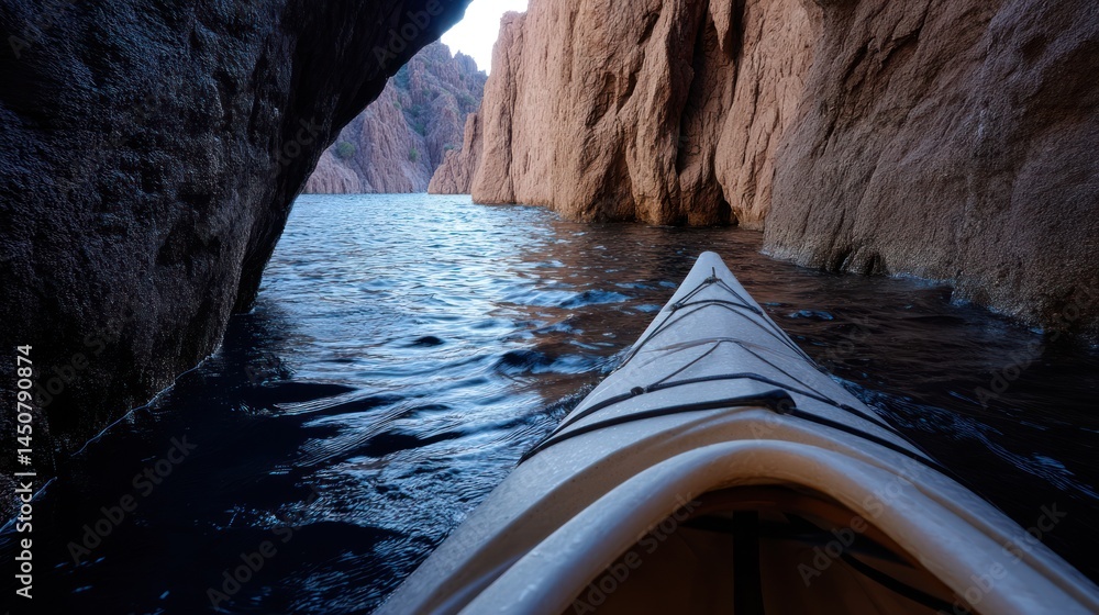 Fototapeta premium Kayaking through a rocky canyon, serene water. View from inside kayak