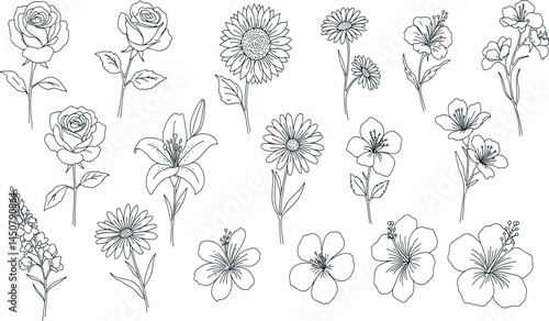 Flower line icon set. Vector pictograms of rose, tulip, daisy, orchid, sunflower, peony, gladiolus, snapdragon, stock, delphinium