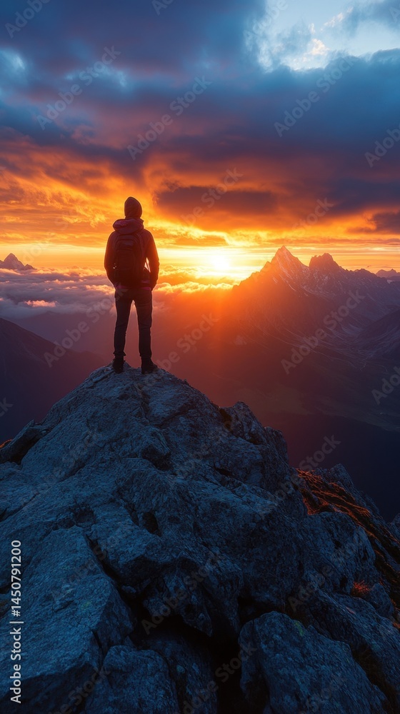 Fototapeta premium Awe-inspiring mountain sunset with hiker on rocky summit and dramatic clouds