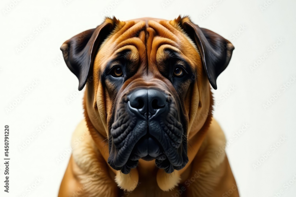Fototapeta premium Massive mastiff head shot, intense gaze, pure white backdrop, mastiff, face, isolated animal