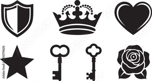 A vector silhouette clipart set featuring six classic symbols a shield a crown a heart a star