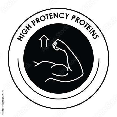 Vector icon for high potency protein. Displays a muscular arm with upward arrows, representing strength, fitness, and muscle-building benefits.