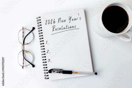 New Year's Resolutions 2026 text on note pad stock photo flat lay