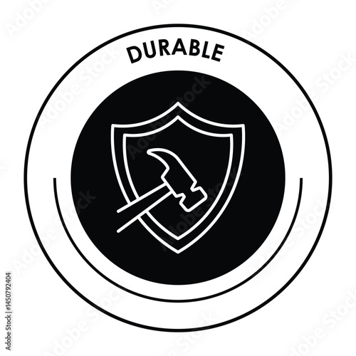 Vector icon for durable materials. Displays a shield with a hammer representing strength, reliability, and long-lasting construction.