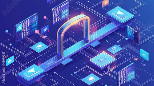 Data balance scales, digital technology, isometric illustration, website background