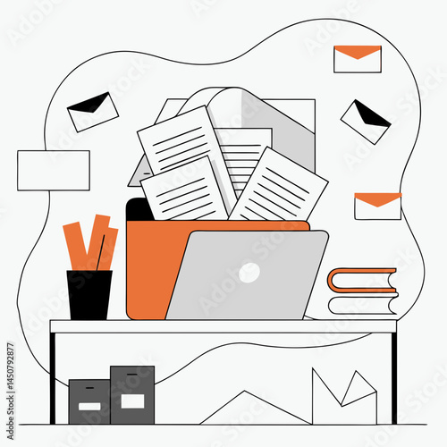 Organized workspace with documents and a laptop  