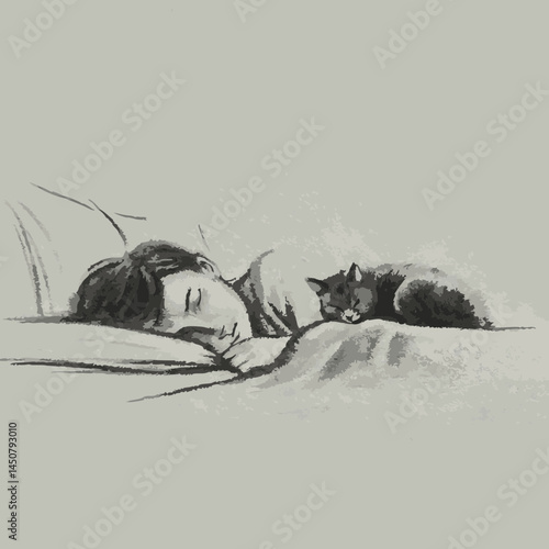 Boy sleeping peacefully with a cat on a soft bed  