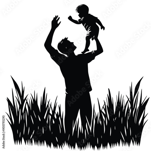 Silhouette of Father and Child Playing Outdoors in Tall Grass