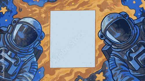 Astronaut-themed  background with playful cosmic splashes, whimsical floating astronaut among celestial bodies, inspiring space art with copy space  