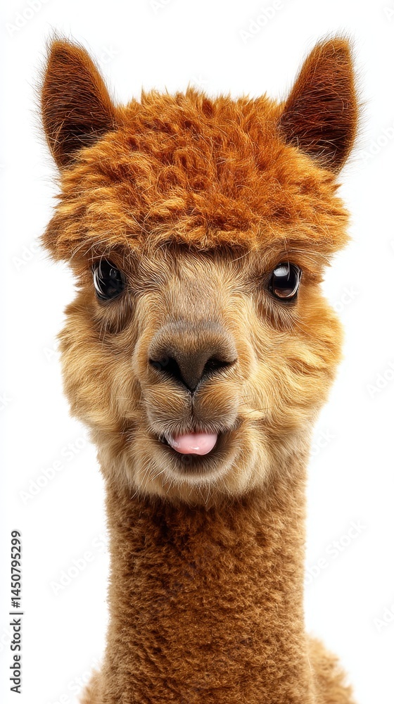 Obraz premium Charming alpaca portrait with a playful tongue sticking out against a clean white background showcasing its fluffy fur and endearing expression