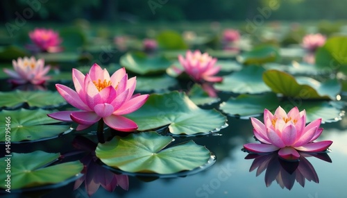 Water lilies, lotus blossoms, dense floral pattern on calm lake surface, bloom, pink, surface