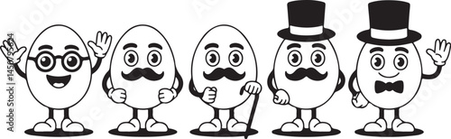 Funny Cartoon Egg Character Silhouette Vector Set with Mustache, Hat, Glasses and Expressions for Easter, Humor Designs, and Digital Stickers