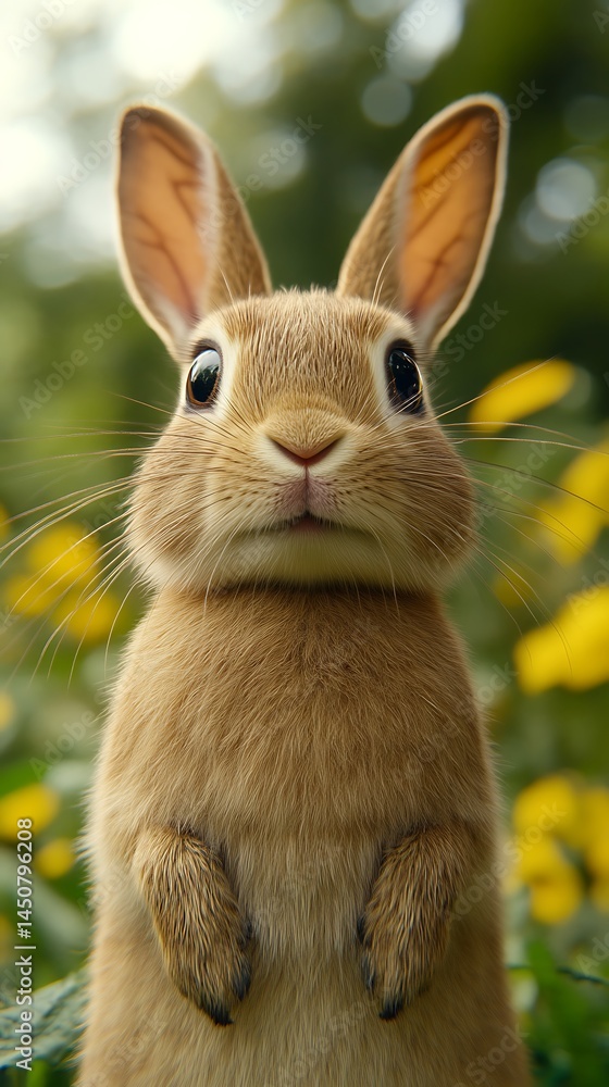 Fototapeta premium Rabbit Close Up Portrait with Green Background and Yellow Flowers