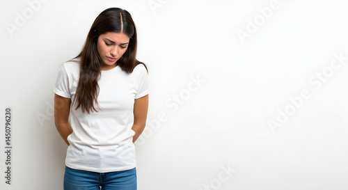 A woman in a white t-shirt and jeans appears sad, looking down with a somber expression against a plain white background.